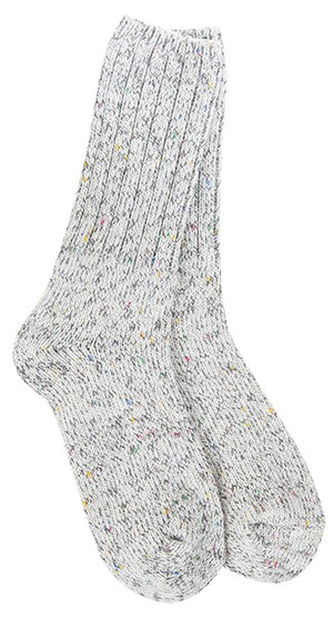Pair of gray and white wool socks with multi-colored flecks.