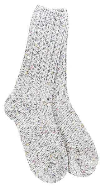 Pair of gray and white wool socks with multi-colored flecks.