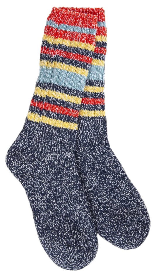 Pair of heathered navy blue socks with a colorful striped cuff in red, yellow, and light blue.