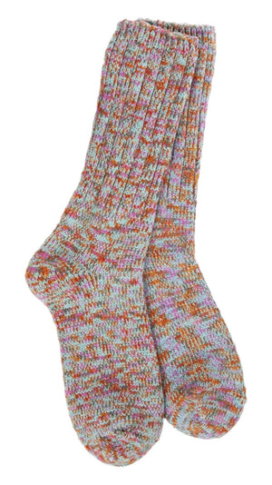 Knee-high thick wool socks with a textured knit pattern of red, purple, and blue.