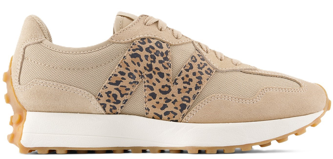 Tan sneaker with leopard print "N" logo and gum sole.