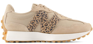 Tan sneaker with leopard print "N" logo and gum sole.