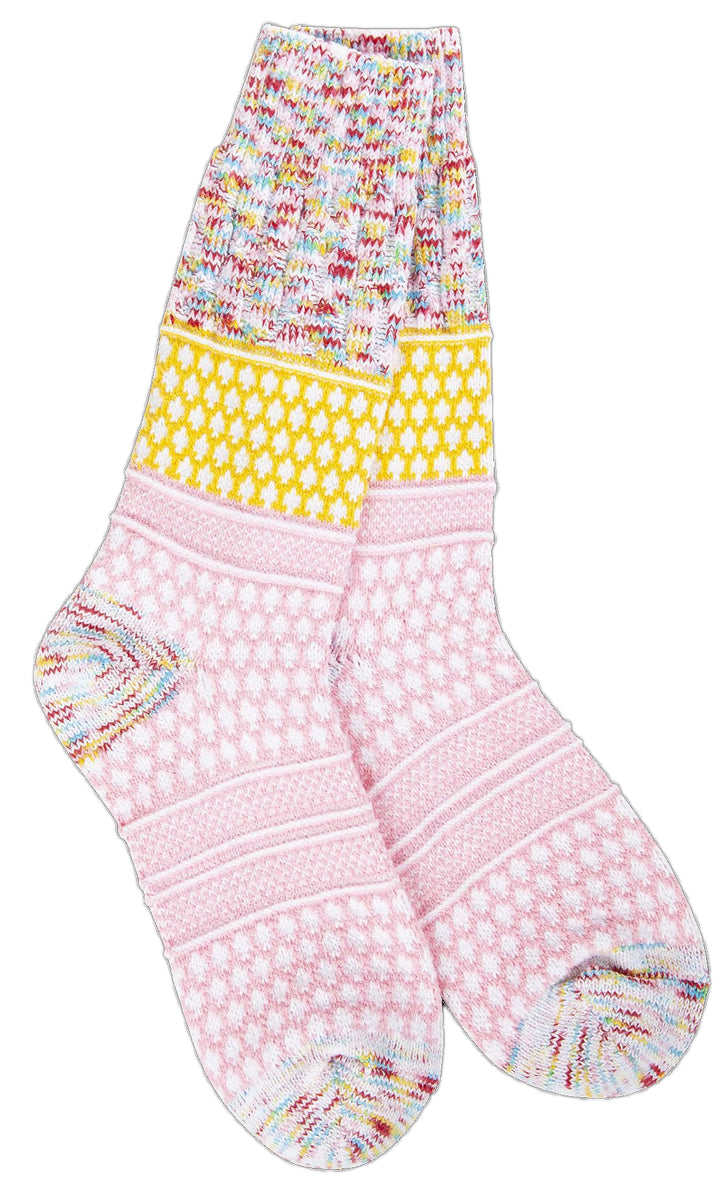 Pair of vertically striped socks with a colorful speckled top, yellow middle, and pink bottom.