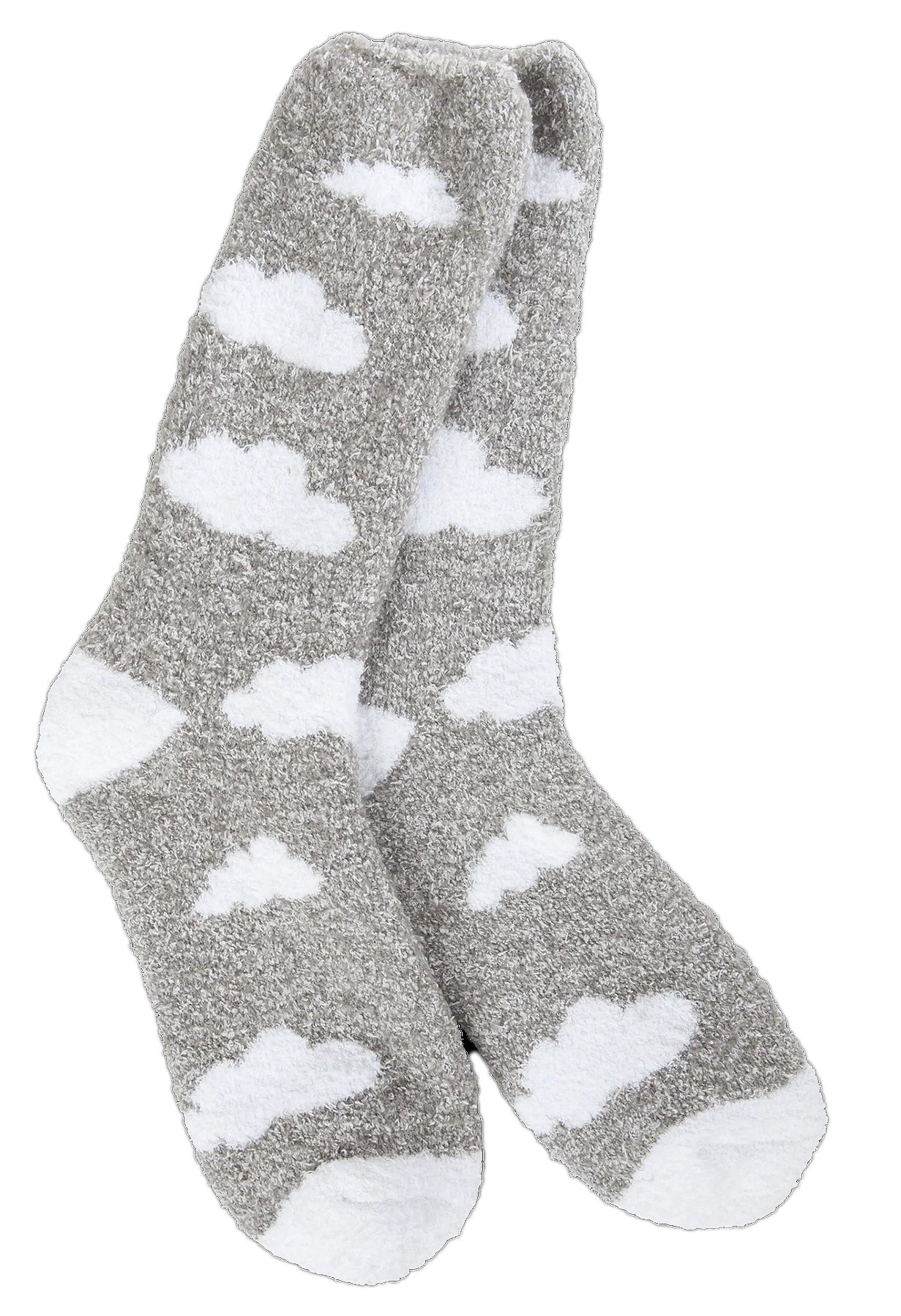 Pair of gray fuzzy socks with white cloud pattern.