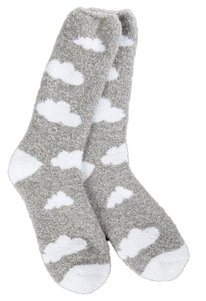 Pair of gray fuzzy socks with white cloud pattern.