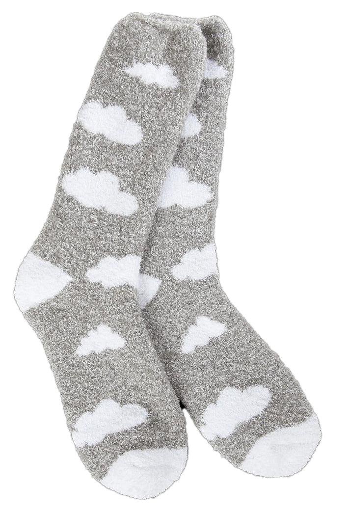 Pair of gray fuzzy socks with white cloud pattern.