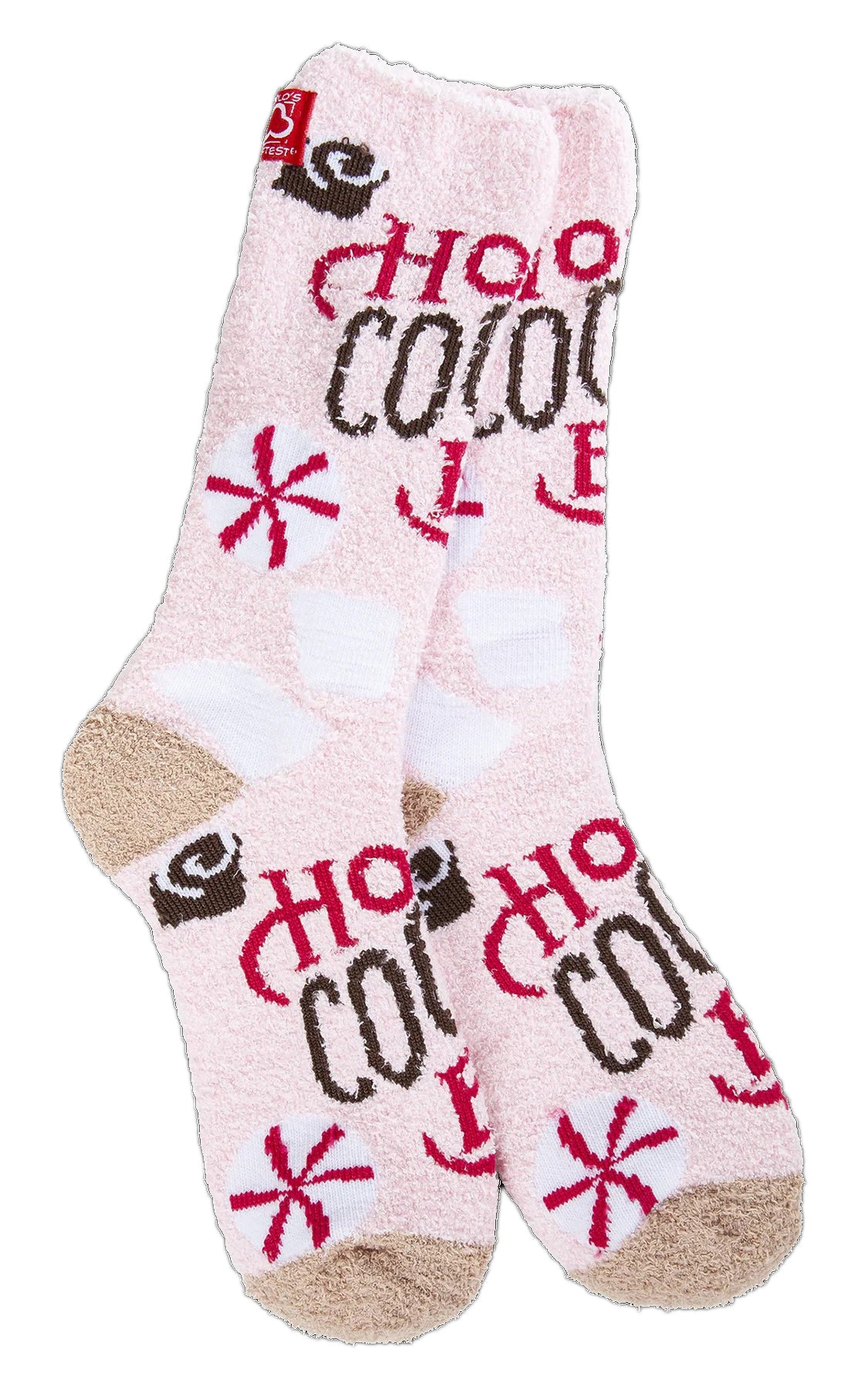Pair of fuzzy pink socks with "Hot Cocoa" text and snowflake pattern.