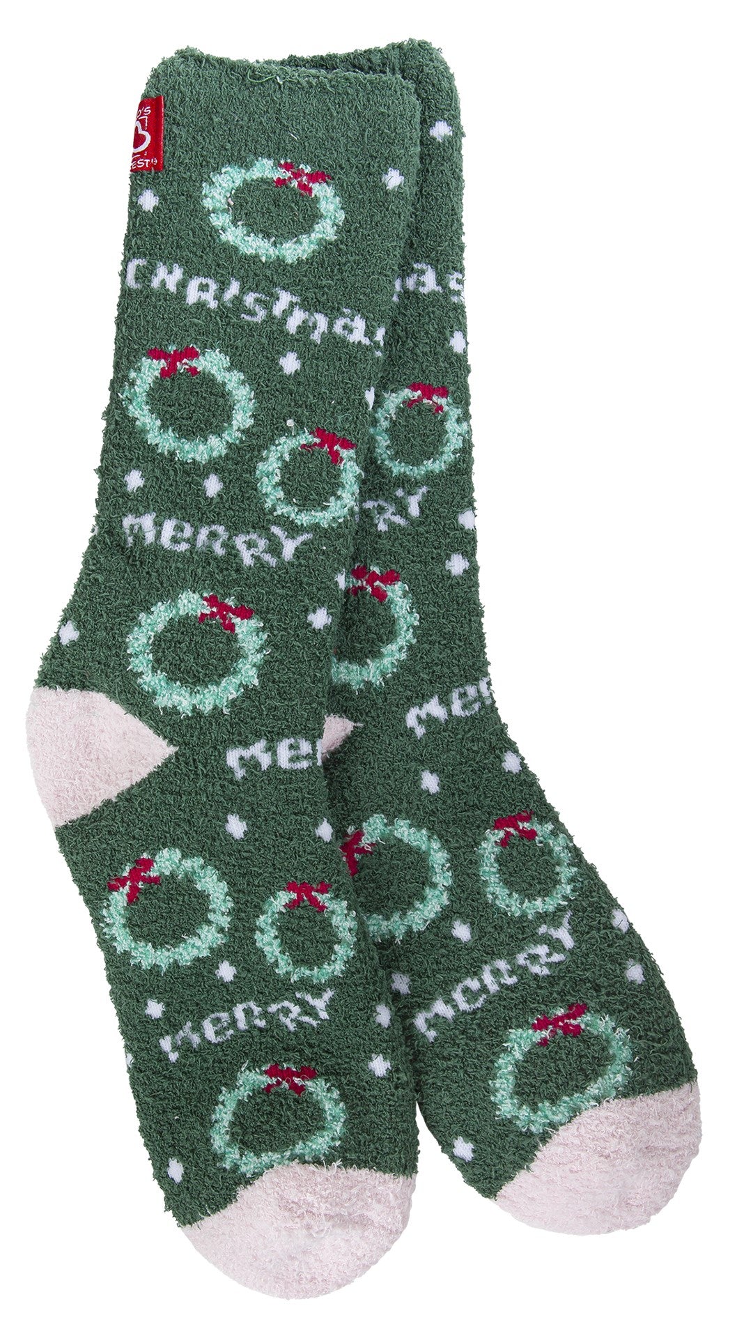 Green fuzzy Christmas socks with wreath and "Merry Christmas" pattern, pale toe and heel.