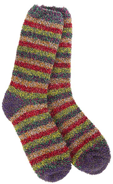 Two fuzzy socks with horizontal stripes in red, green, yellow, and orange, with purple toes, heels, and cuffs.