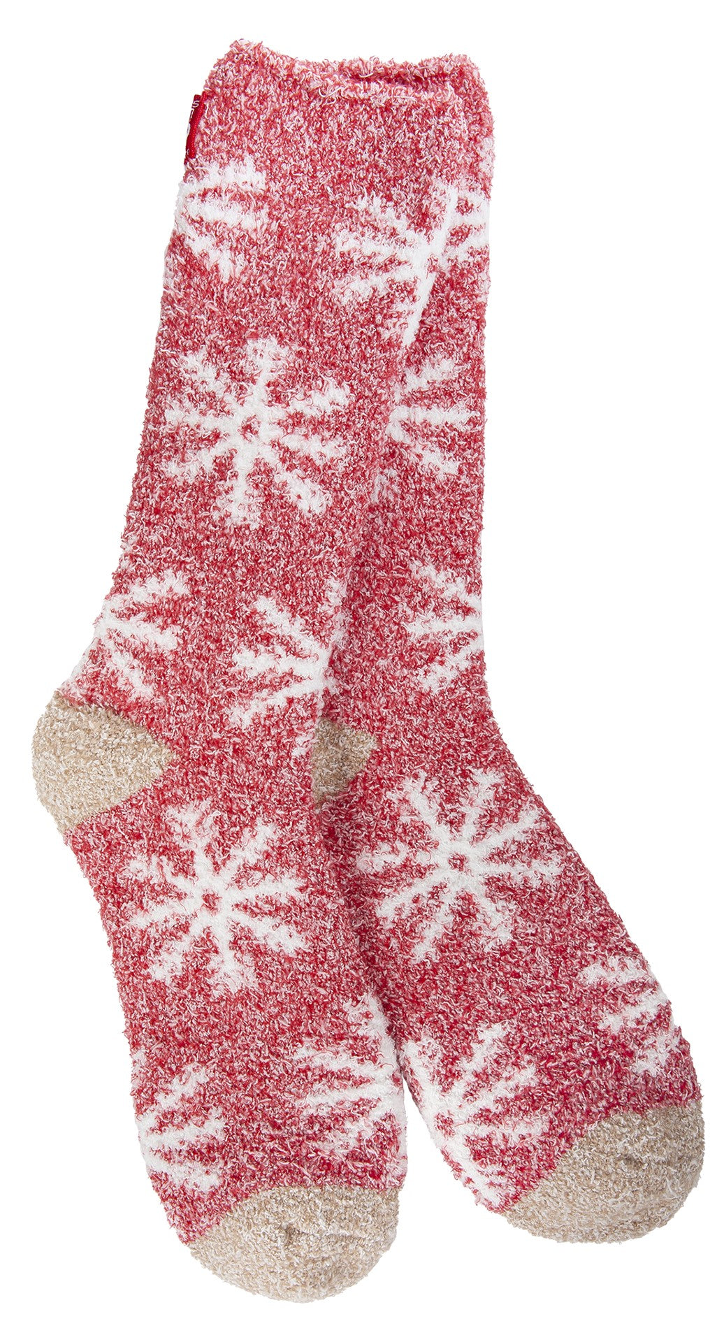 Pair of fuzzy socks, red with white snowflake design and tan toe and heel.