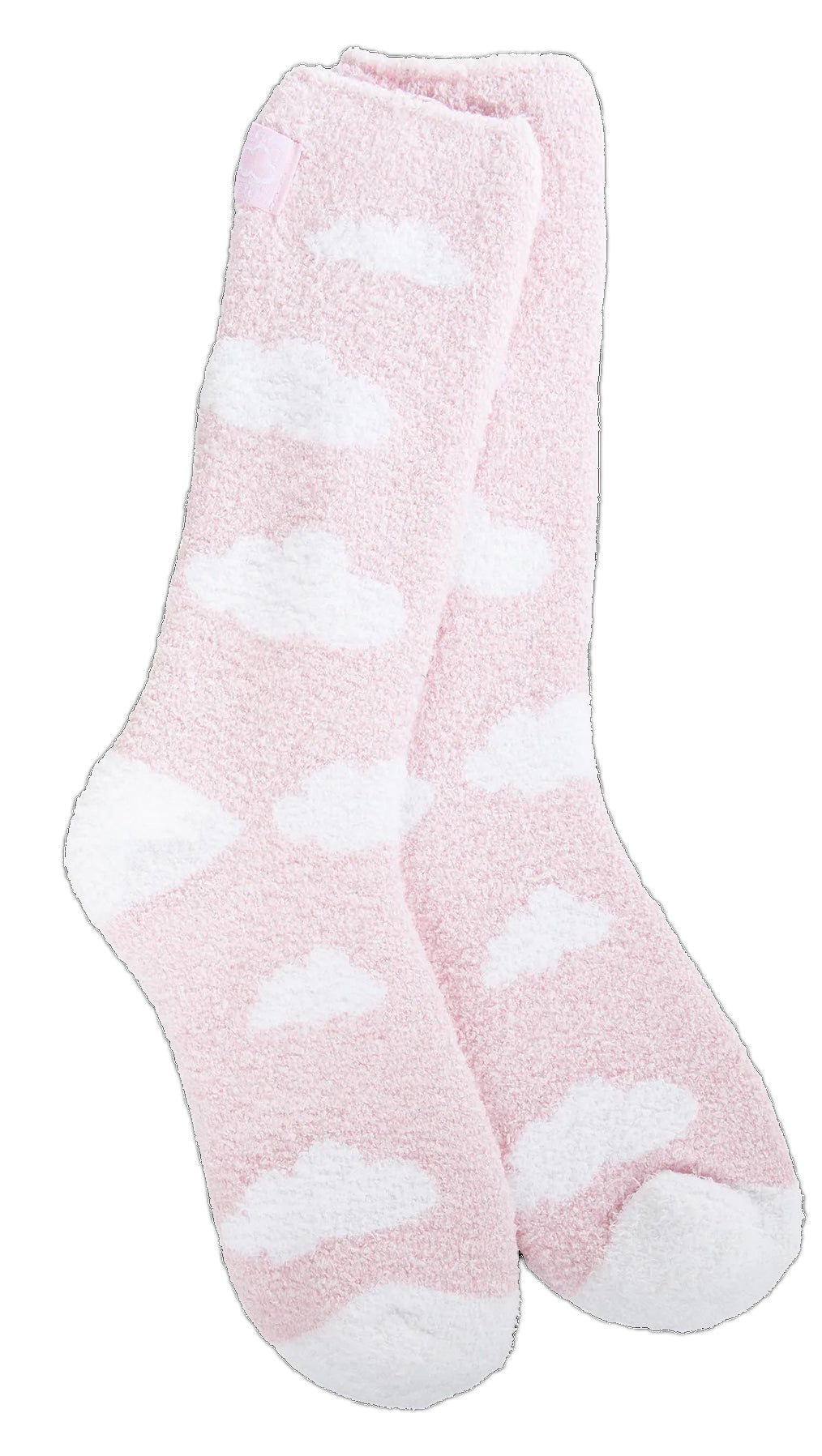 Two fuzzy pink socks with white clouds.