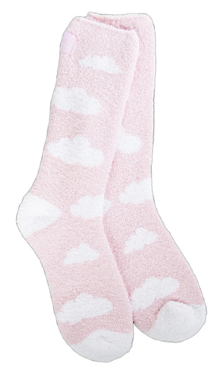 Two fuzzy pink socks with white clouds.