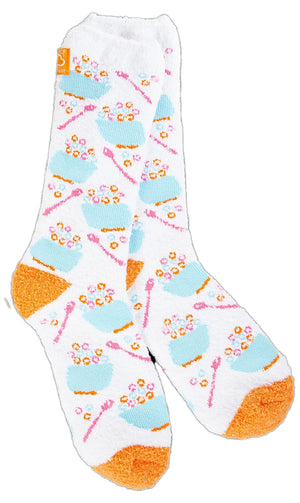 Crew socks with a cereal bowl pattern.