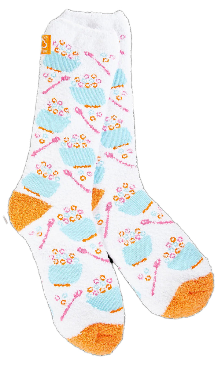 Crew socks with a cereal bowl pattern.