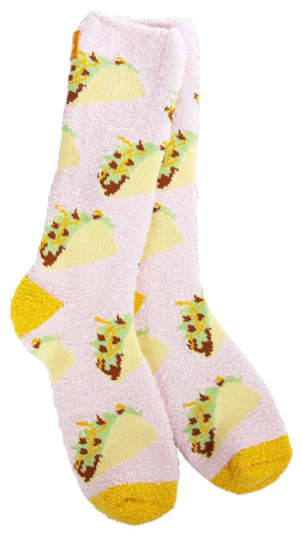 Pair of pink fuzzy socks with taco pattern and yellow toe and heel.