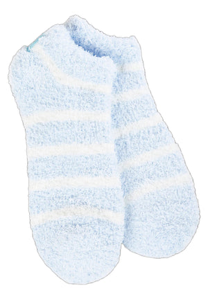Light blue fuzzy socks with white stripes.