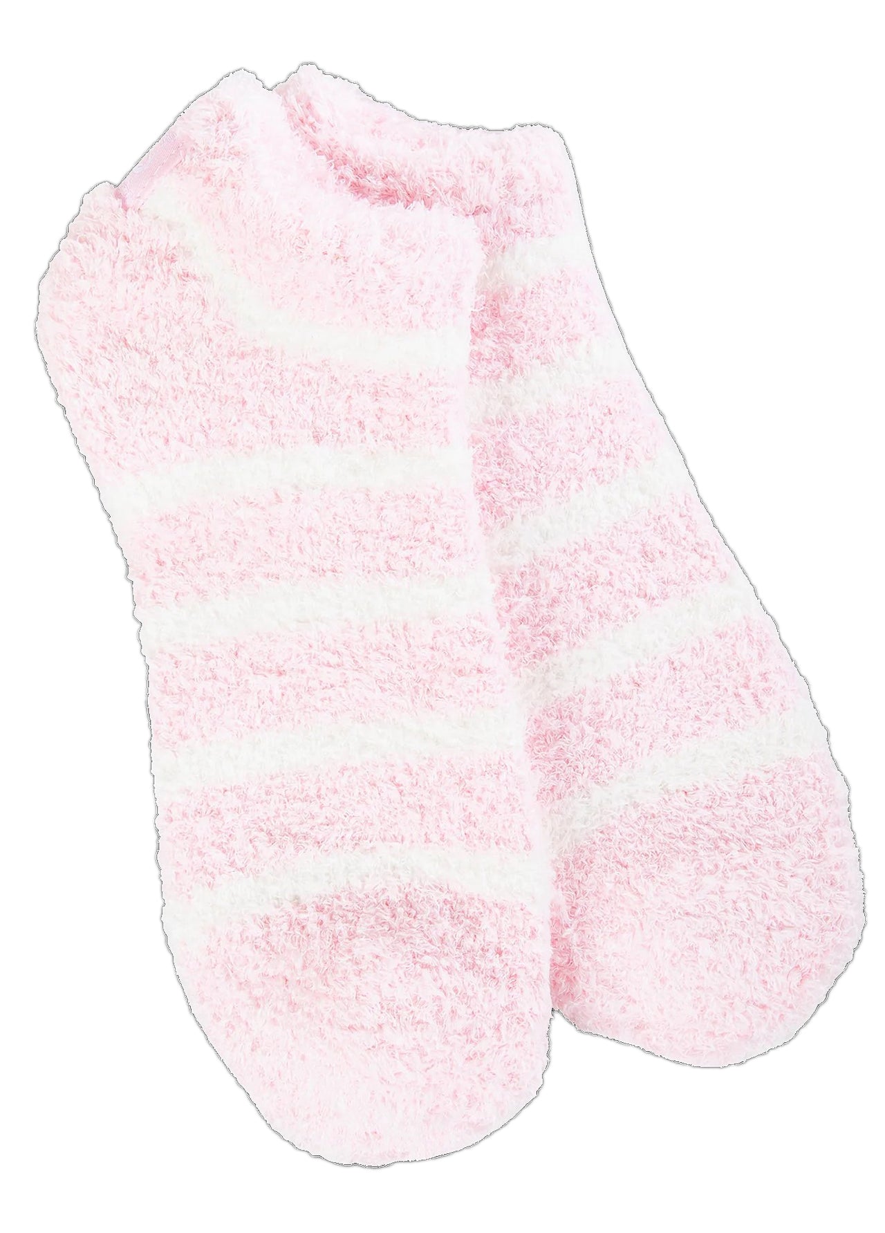 Pair of fuzzy, ankle-length socks with pink and white horizontal stripes.