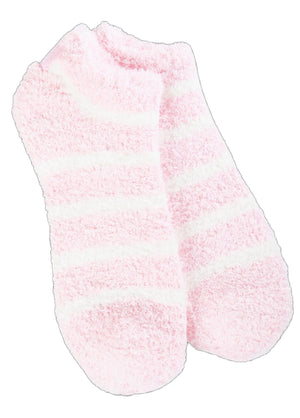 Pair of fuzzy, ankle-length socks with pink and white horizontal stripes.