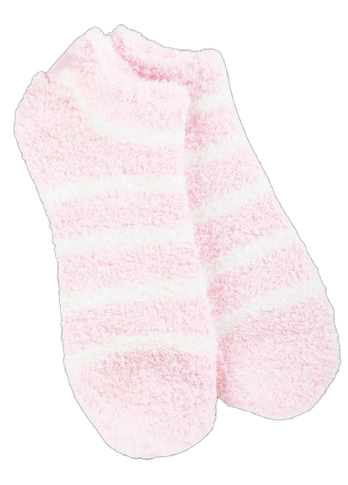 Pair of fuzzy, ankle-length socks with pink and white horizontal stripes.