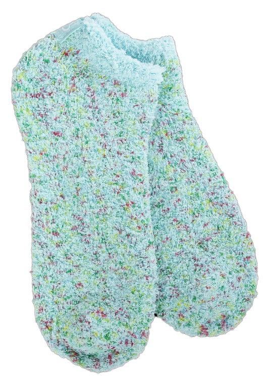 A pair of fuzzy ankle-length socks in light blue with flecks of green, yellow, and red.