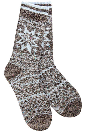 Pair of brown and white socks with snowflake pattern.