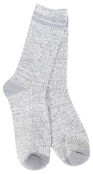 Gray ribbed knit socks with matching toe, heel, and striped cuff.