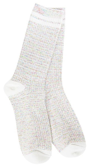 Pair of light gray socks with white toes and striped cuffs.