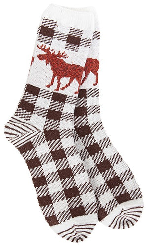 A pair of crew socks with brown and white plaid pattern and moose.