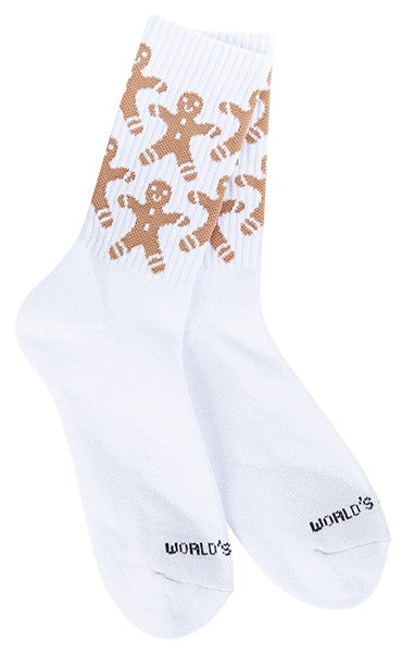 White socks patterned with gingerbread men and the text "WORLD'S" near the toes.