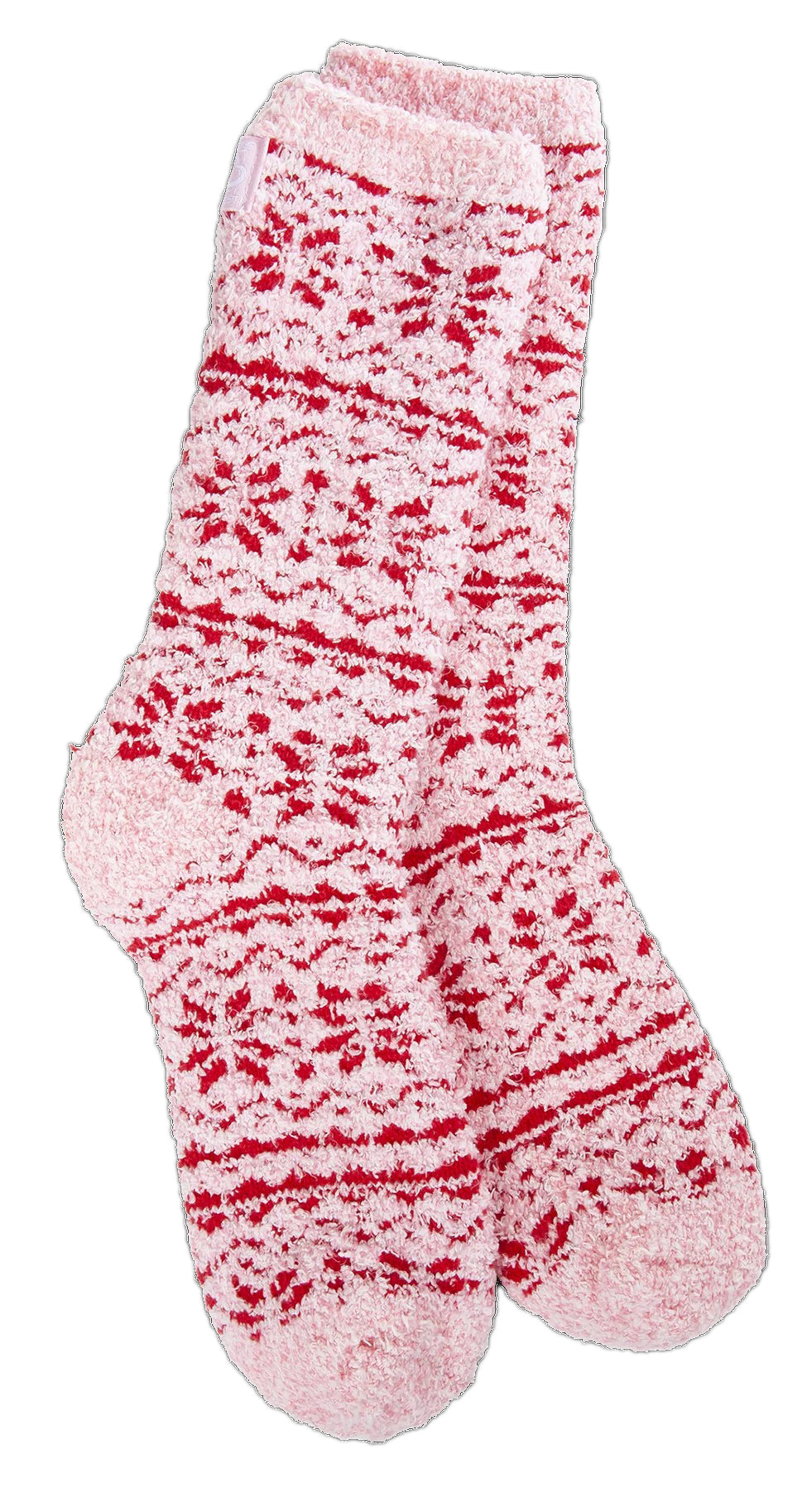 Pair of fuzzy pink socks with red stripes.