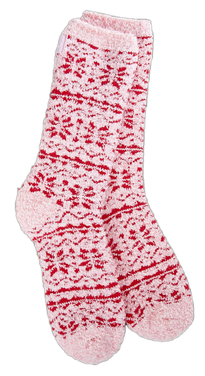 Pair of fuzzy pink socks with red stripes.