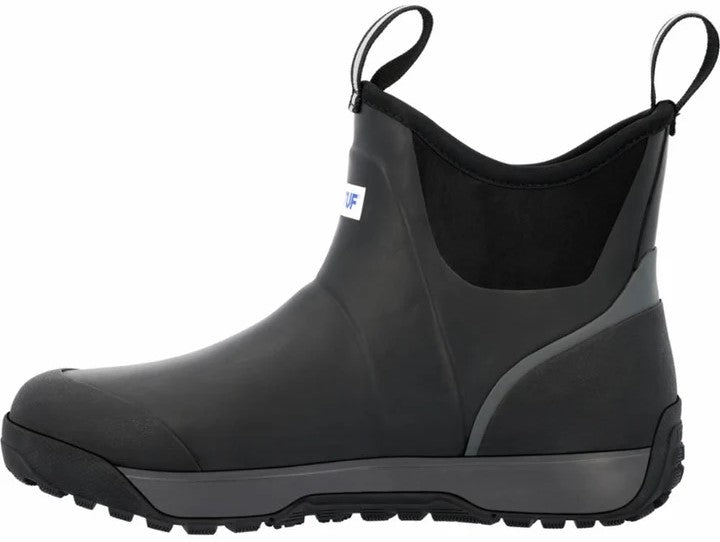 A black ankle-height waterproof boot with pull tabs at the front and back, a grey textured midsole, a rugged black outsole, and a white label on the side.
