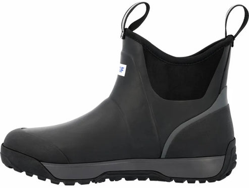 A black ankle-height waterproof boot with pull tabs at the front and back, a grey textured midsole, a rugged black outsole, and a white label on the side.