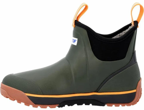 A slip-on ankle boot in olive green rubber with a black neoprene upper, featuring orange pull loops at the front and back, an orange midsole stripe, and a lugged brown and black outsole, with the partial logo 'TUF' visible on the side.