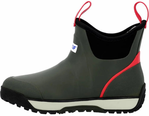 A gray and black rubber ankle boot with bright red pull loops, a red accent stripe along the side, and a cream-colored midsole, featuring the text "XTRATUF" on a small white tag.