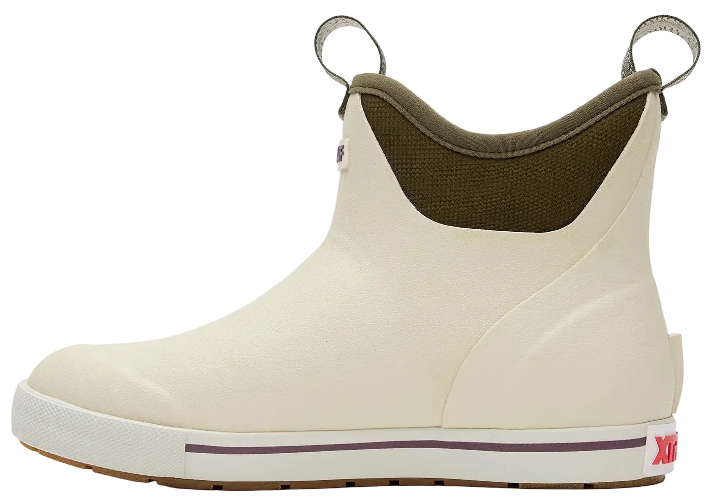 A low-cut, cream-colored rubber rain boot with an olive green neoprene collar, two pull tabs at the top, a white rubber sole with a thin purple stripe, and a small red tag on the heel.