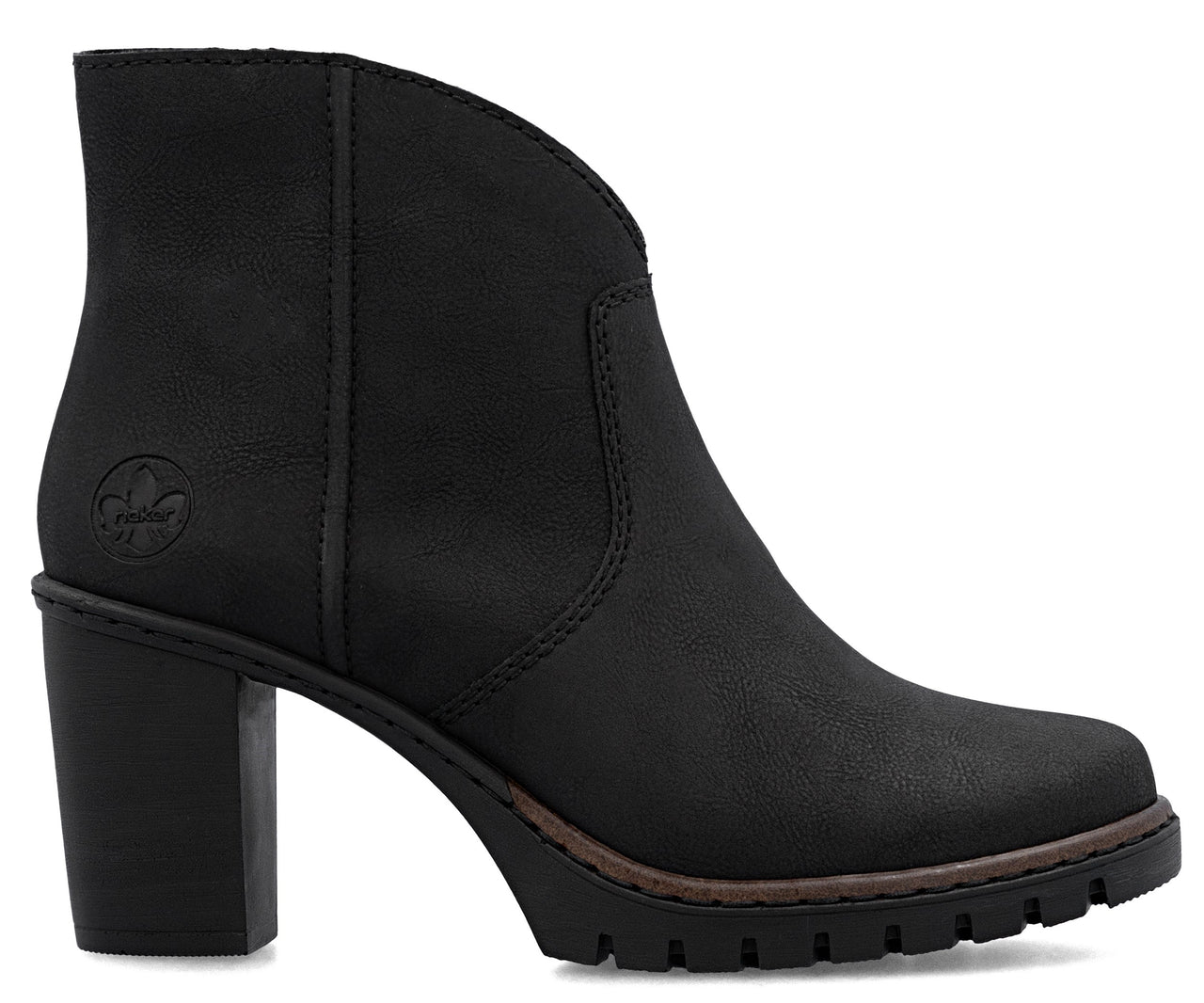 Black ankle boot with block heel and treaded sole.