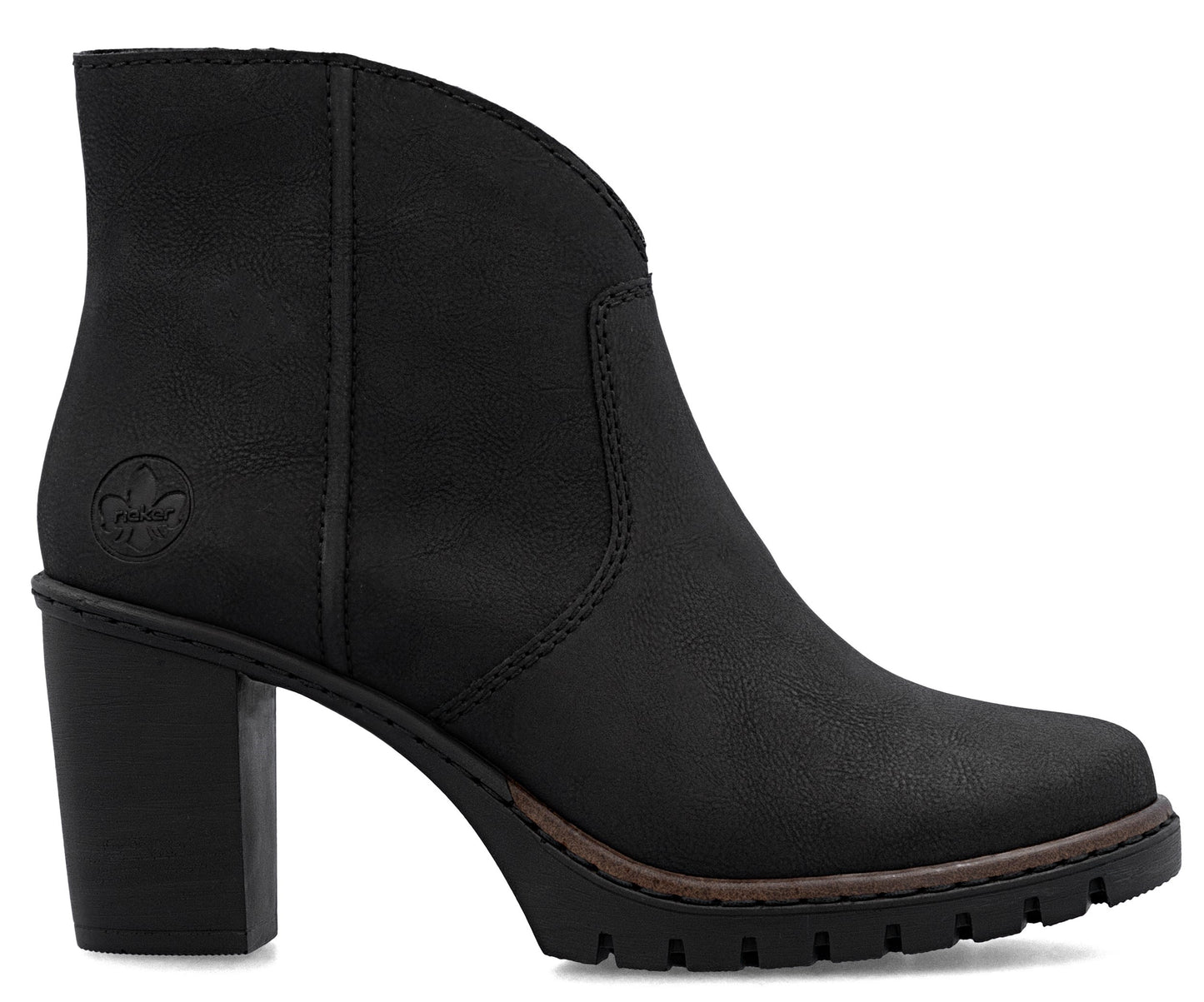 Black ankle boot with block heel and treaded sole.