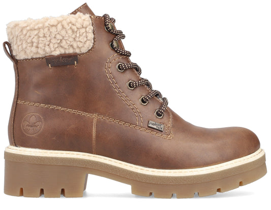 A brown ankle-height boot with laces, a thick heel, and faux fur trim.