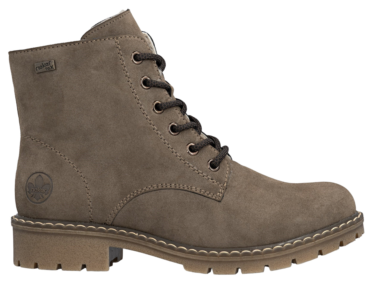 Taupe lace-up boot with textured rubber sole and riekerTEX label.