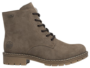 Taupe lace-up boot with textured rubber sole and riekerTEX label.