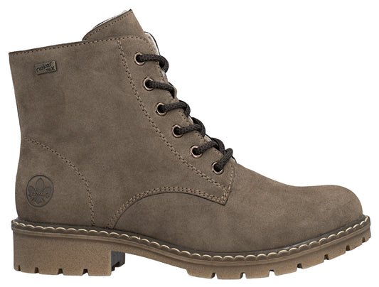 Taupe lace-up boot with textured rubber sole and riekerTEX label.