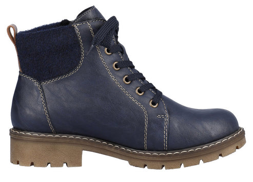 Navy blue leather ankle boot with wool collar, brown sole and lace-up closure.
