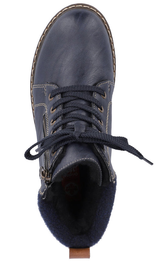 Blue lace-up boot with side zipper and brown heel.