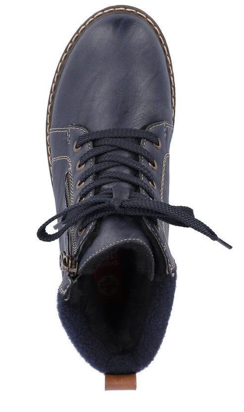 Blue lace-up boot with side zipper and brown heel.