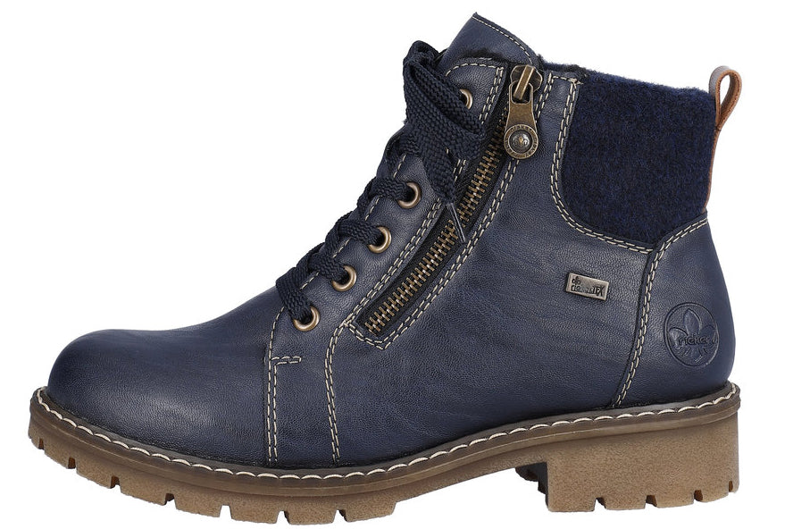 Navy blue ankle boot with laces, side zipper, and lug sole.