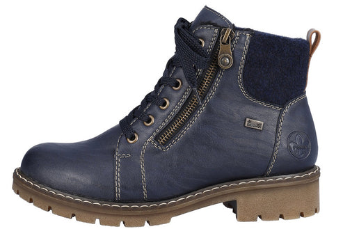 Navy blue ankle boot with laces, side zipper, and lug sole.