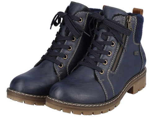 Blue lace-up ankle boots with side zipper and faux fur trim.