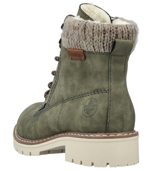 Olive green work boot with a knitted tan fabric collar and a chunky white sole.  Visible logo.