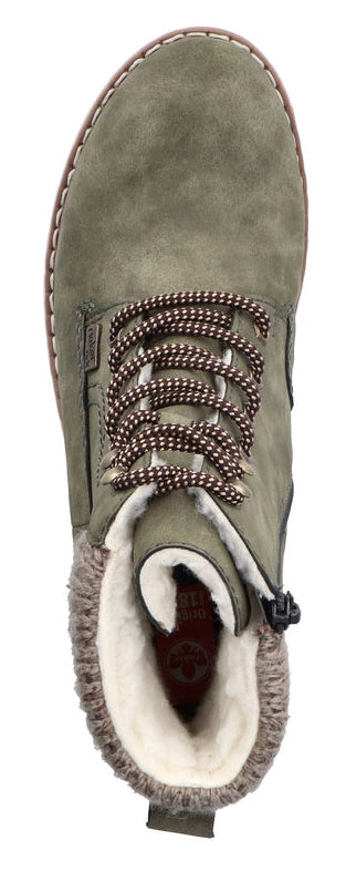 Olive green boot with laces and white faux fur lining.